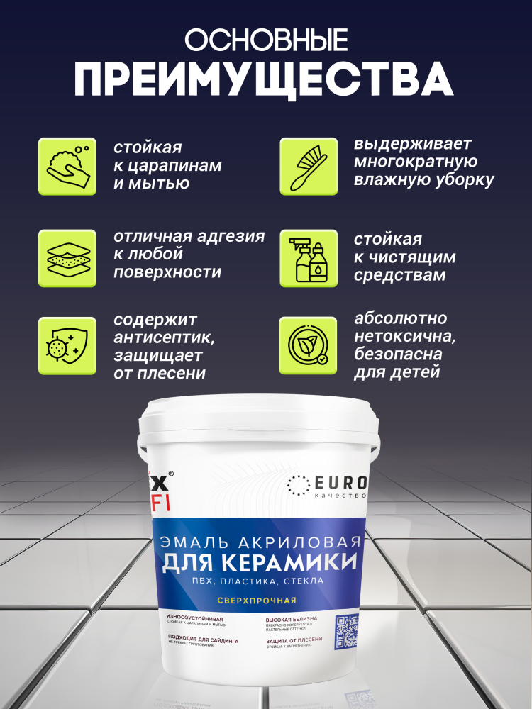 Эмаль акриловая сверхпрочная для плитки керамической, пвх, пластика, стекла FARBITEX PROFI