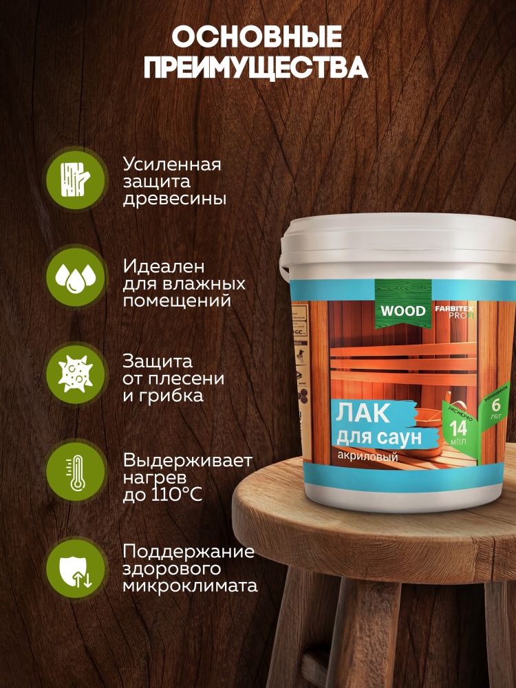 Лак акриловый для саун матовый FARBITEX PROFI WOOD