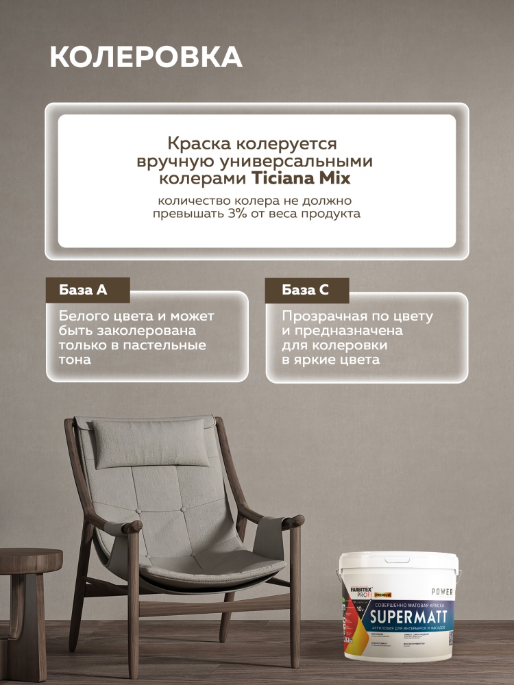 Краска акриловая совершенно матовая высокоукрывистая SuperMatt (СуперМатт) FARBITEX PROFI