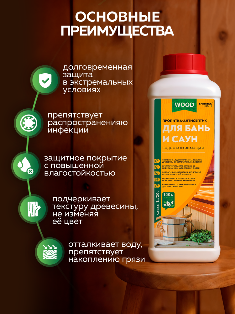 Пропитка-антисептик водоотталкивающая для бань и саун FARBITEX PROFI WOOD