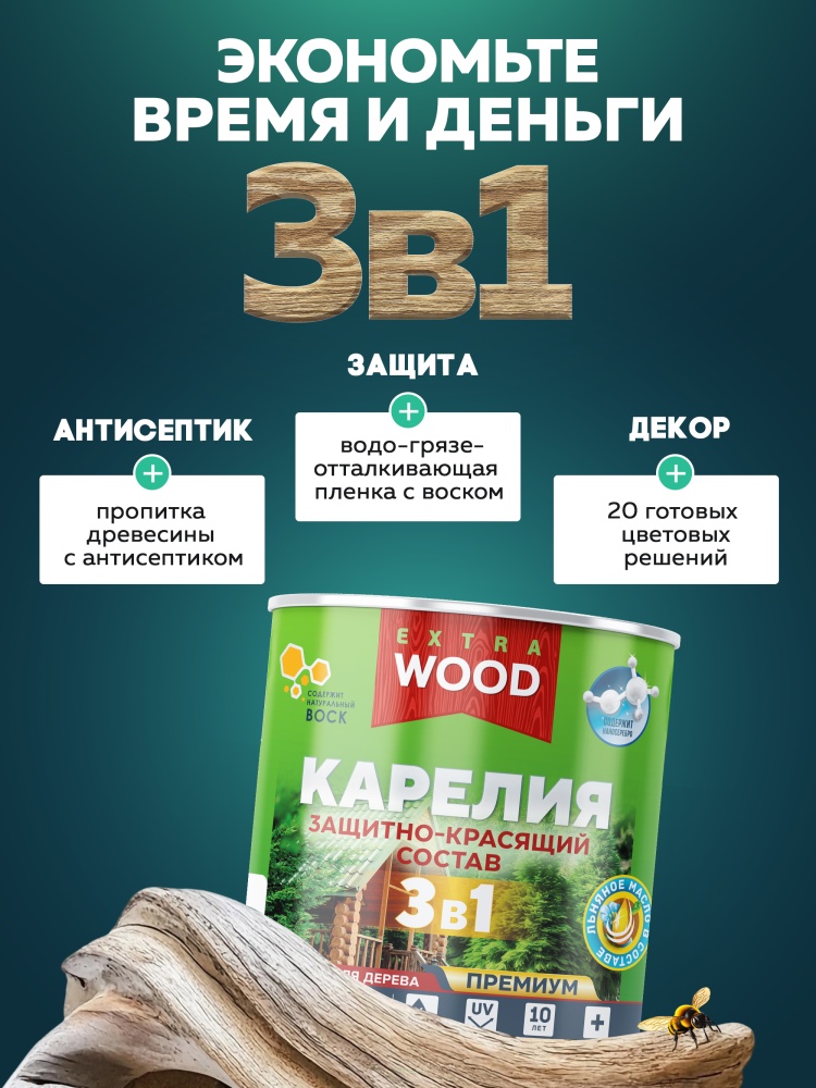 КАРЕЛИЯ. Защитно-красящий состав 3 в 1  WOOD EXTRA 