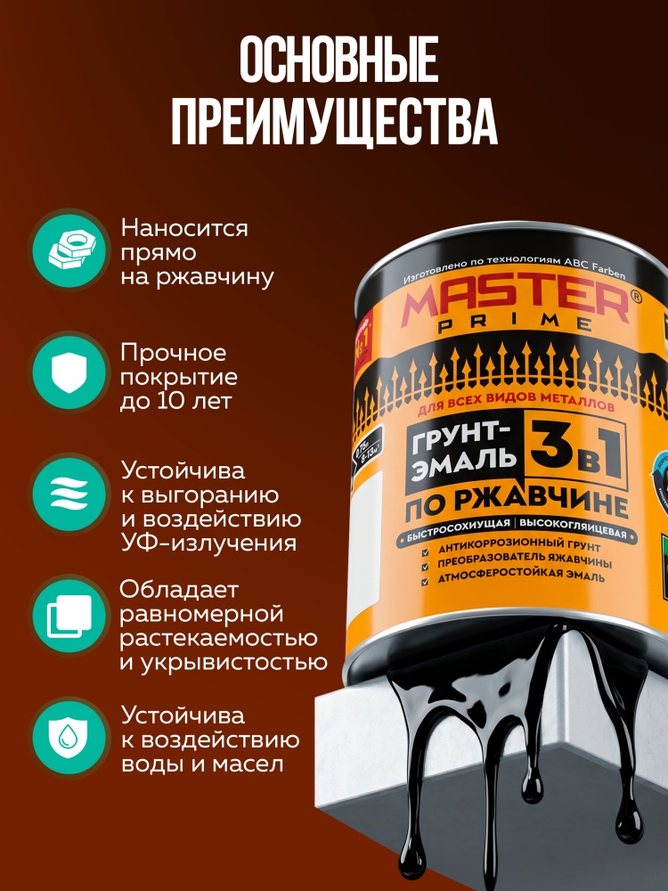 Грунт-эмаль по ржавчине 3в1 быстросохнущая высокоглянцевая MASTER PRIME